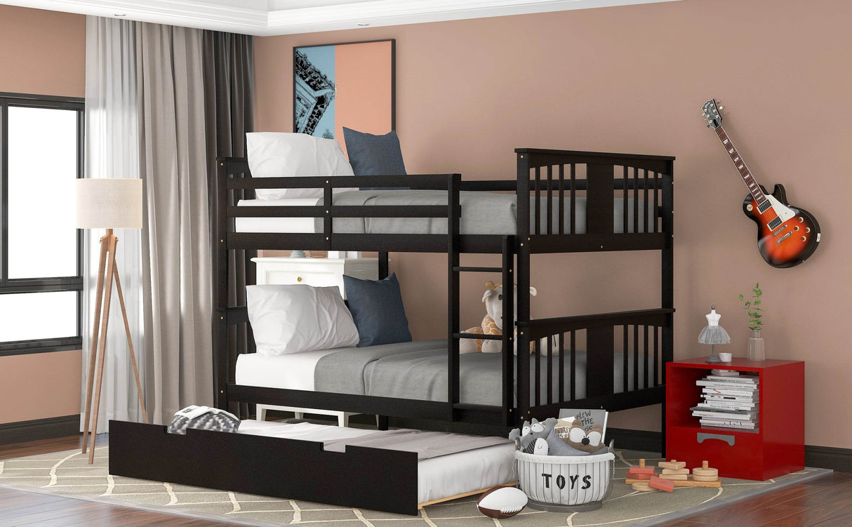 Full Over Full Bunk Bed With Twin Trundle Espresso Solid Wood - Omega Lifestyles