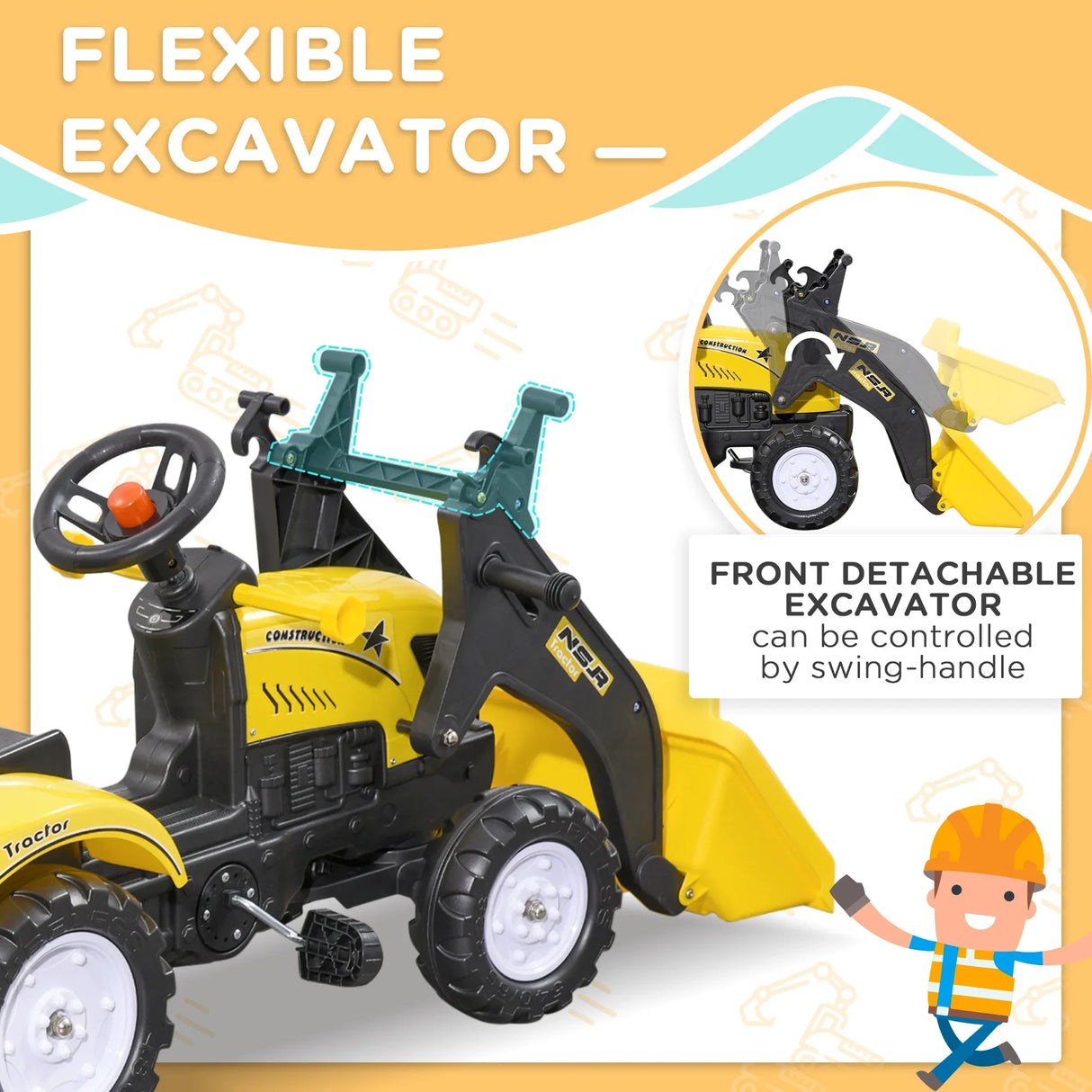 Kids Pedal Ride-On Excavator Bulldozer With Trailer - Omega Lifestyles