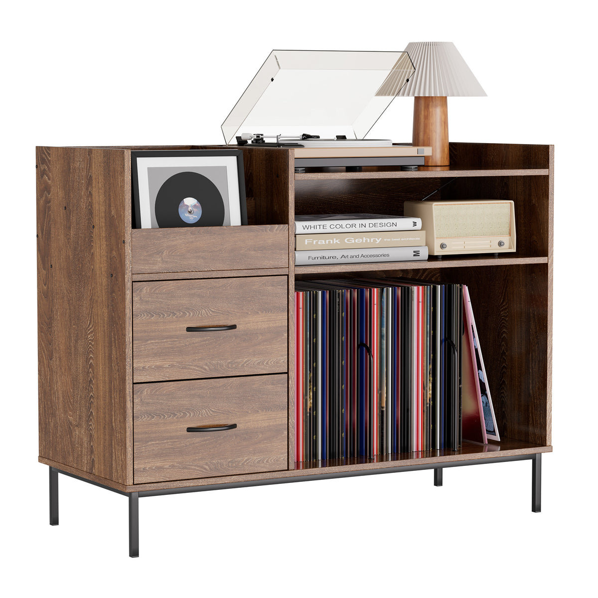 Mid-Century Brown Wood Grain Record Player Stand