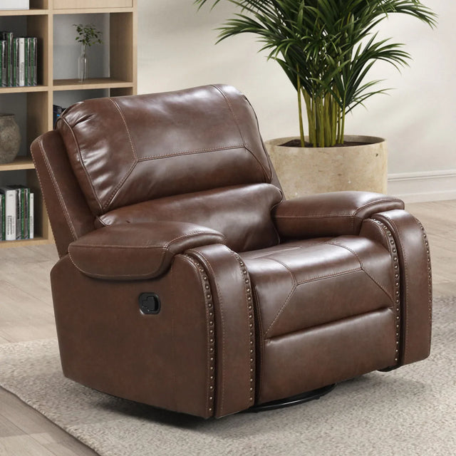 Transitional Brown Leatherette Recliner With Nailhead Trim - Omega Lifestyles