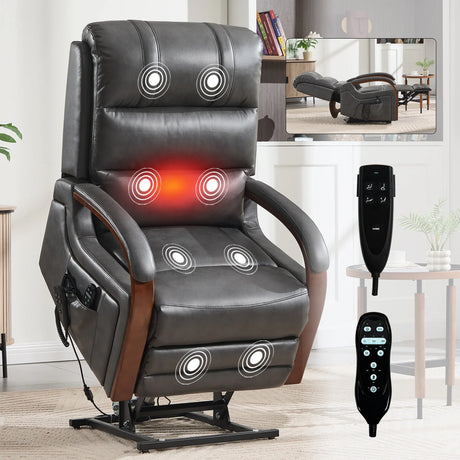 Power Lift Recliner Chair With Heat Massage and Wood Armrests - Omega Lifestyles