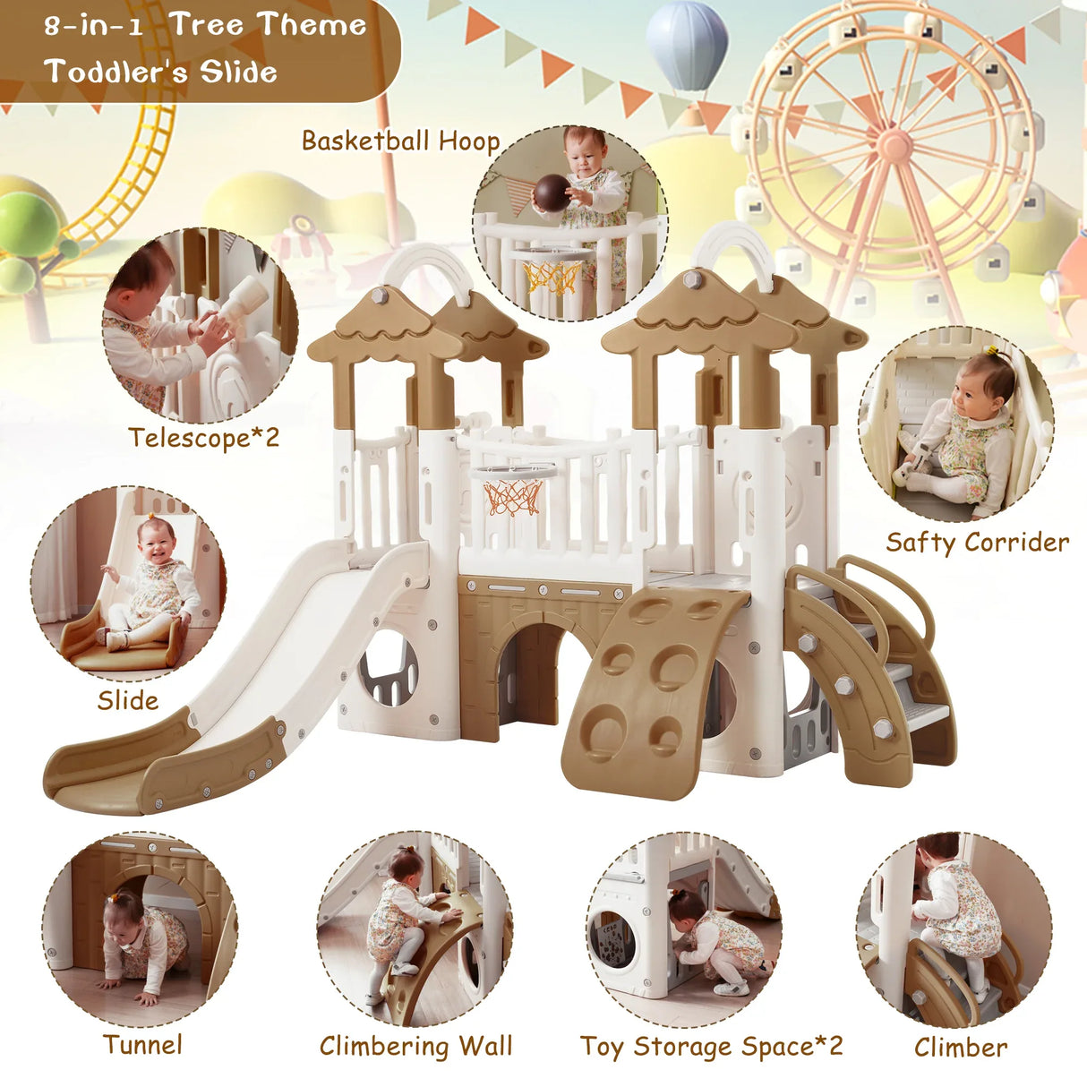 8-in-1 Toddler Freestanding Slide Climber Playset Brown - Omega Lifestyles