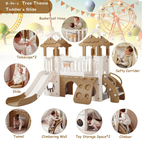 8-in-1 Toddler Freestanding Slide Climber Playset Brown - Omega Lifestyles