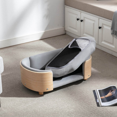 Scandinavian Style Solid Wood Elevated Pet Bed With Velvet Cushion - Sleep Galleria
