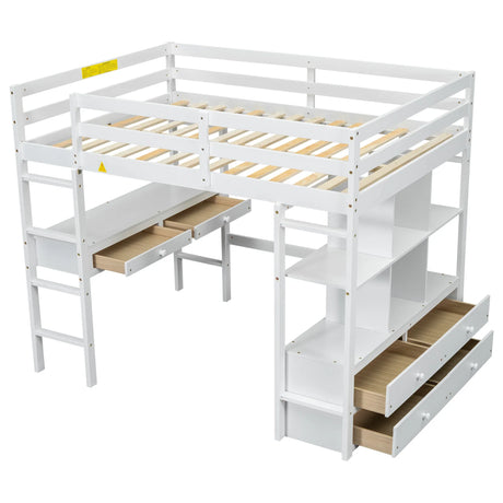 Full White Pine Full Loft Bed With Built-In Desk - Omega Lifestyles