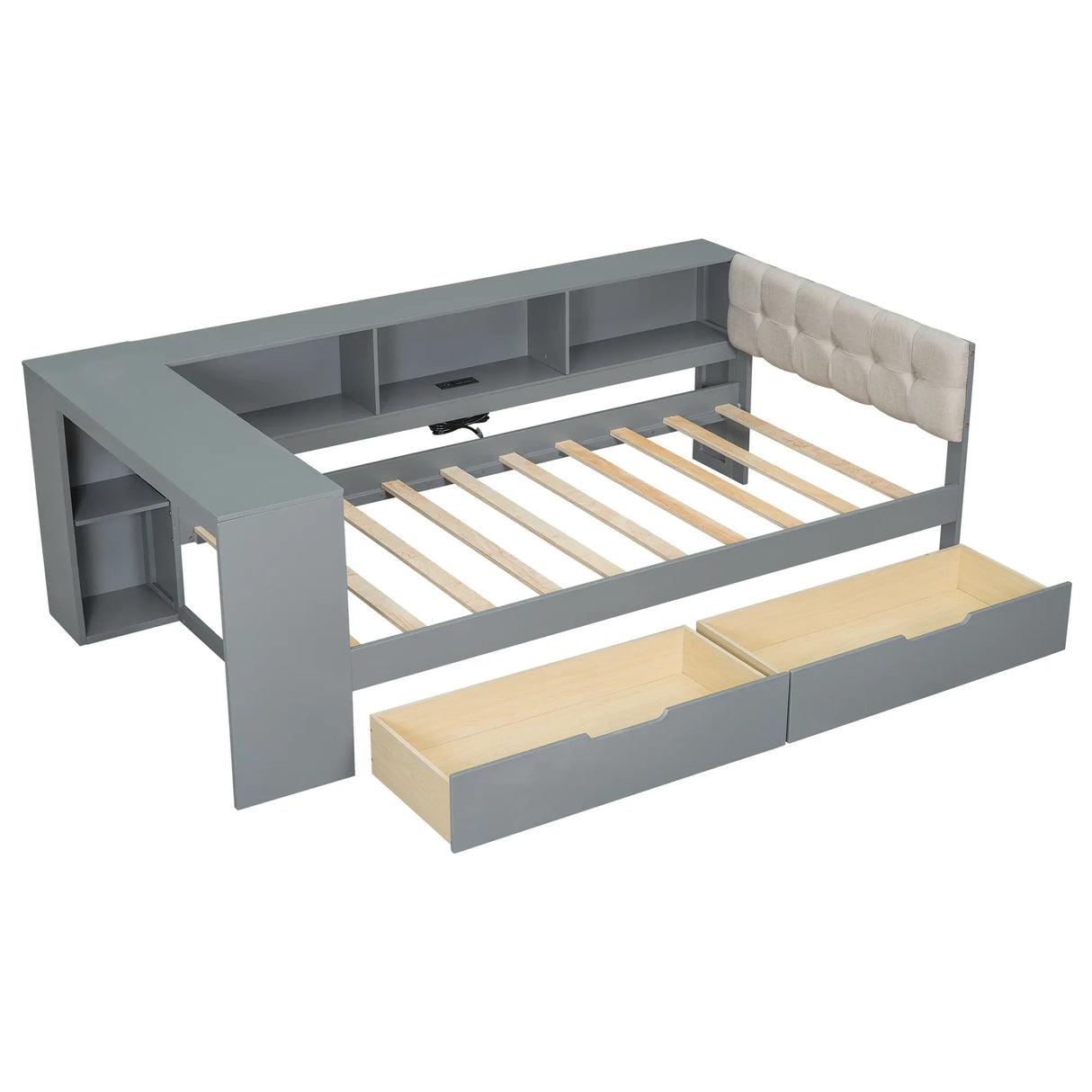 Twin Wood Platform Bed With Upholstered Headboard And Storage - Omega Lifestyles