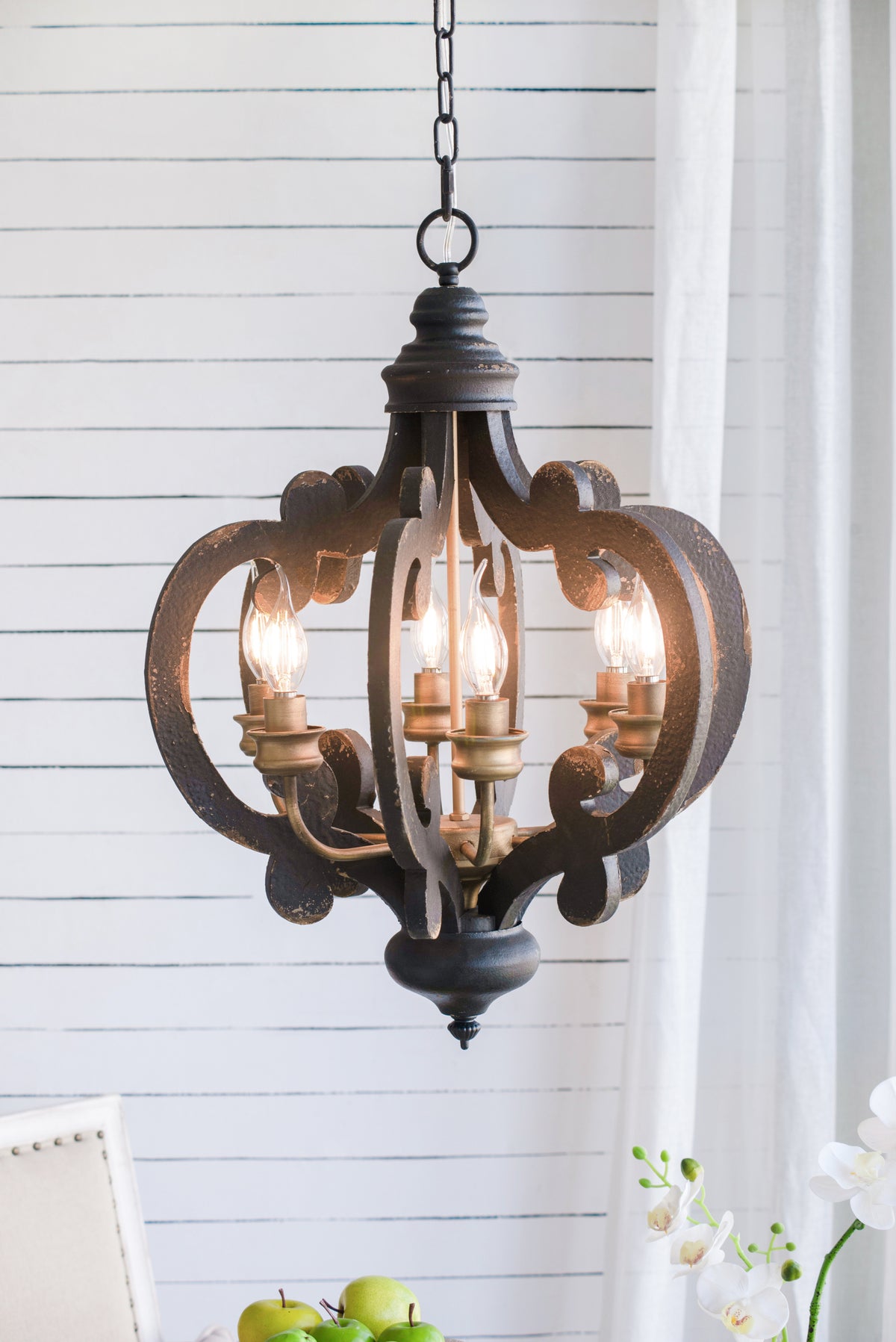 Vintage Black 6-Light Farmhouse Wood Chandelier