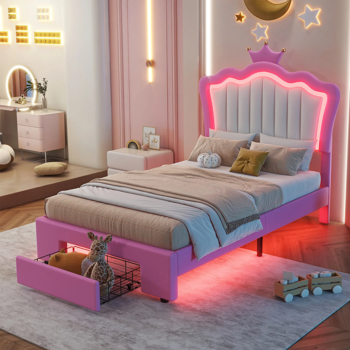 Twin Upholstered Bed Frame With LED Lights And Storage - Omega Lifestyles