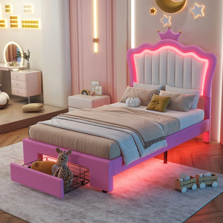 Twin Upholstered Bed Frame With LED Lights And Storage - Omega Lifestyles