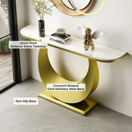 Half-Moon Faux Marble Top Gold Metal Console Table - Omega Lifestyles
