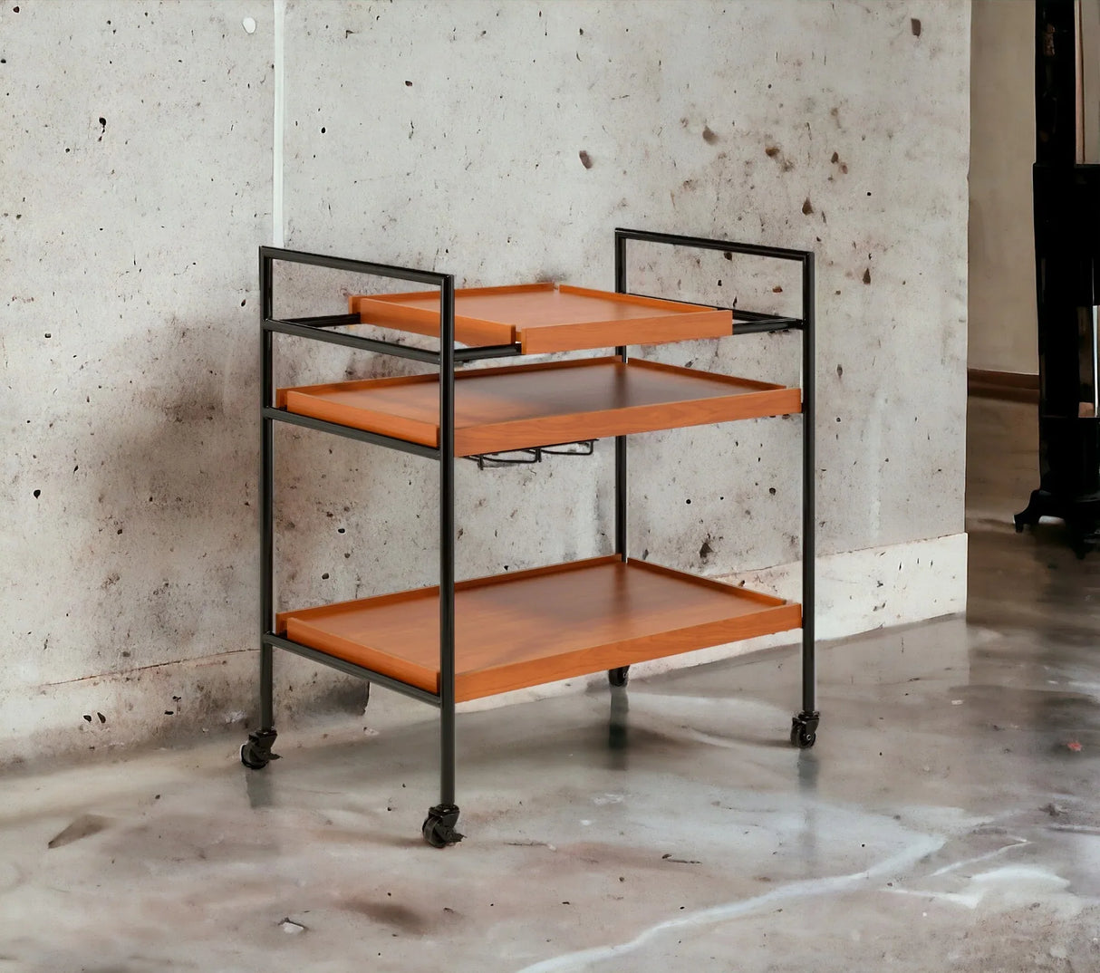 Oaken Black And Oak Finish Metal Serving Cart - Omega Lifestyles