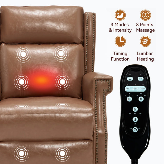 Camel Faux Leather Manual Recliner Chair With Massage Heat - Omega Lifestyles