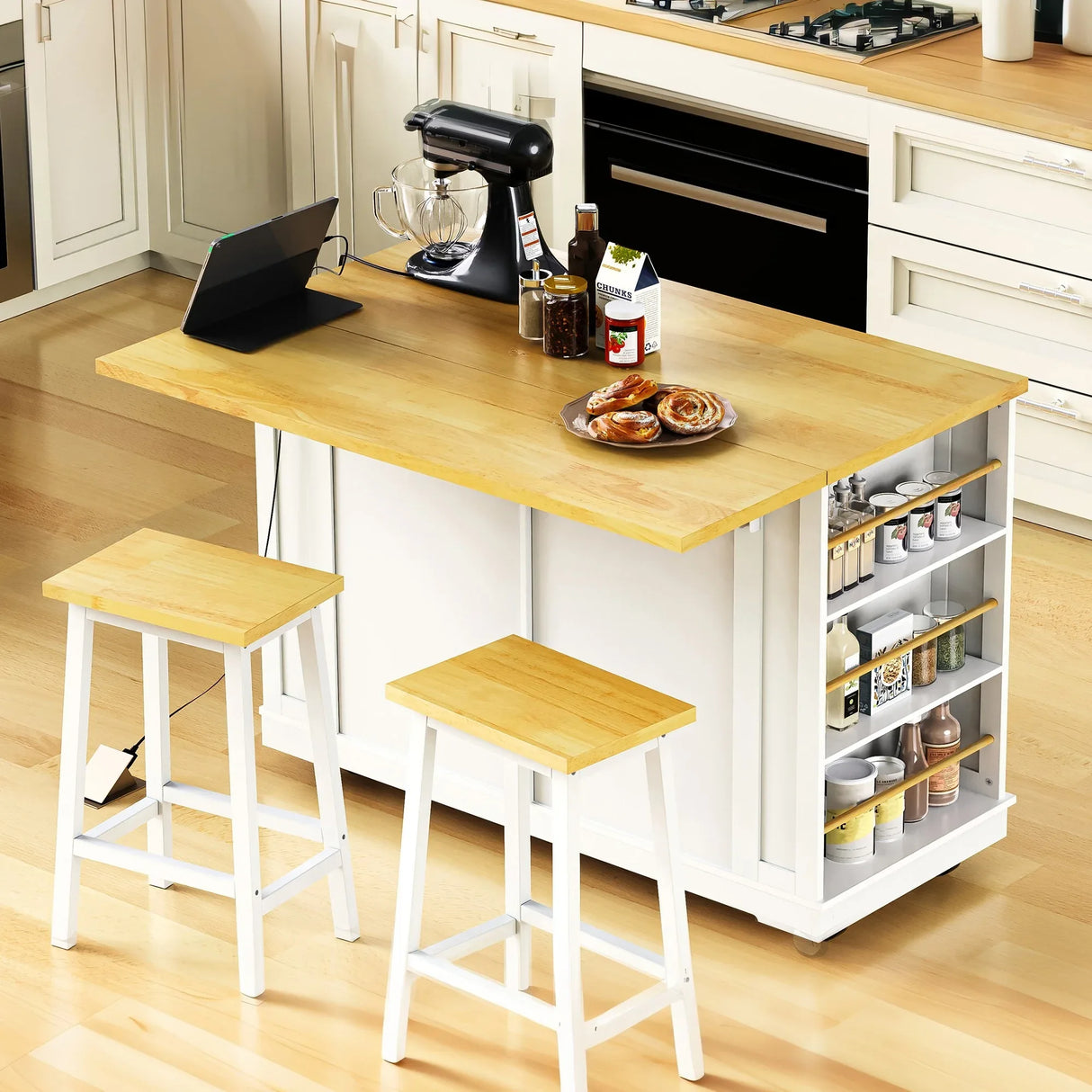 48-Inch Classic Kitchen Island With 2 Bar Stools and Power Outlet - Omega Lifestyles