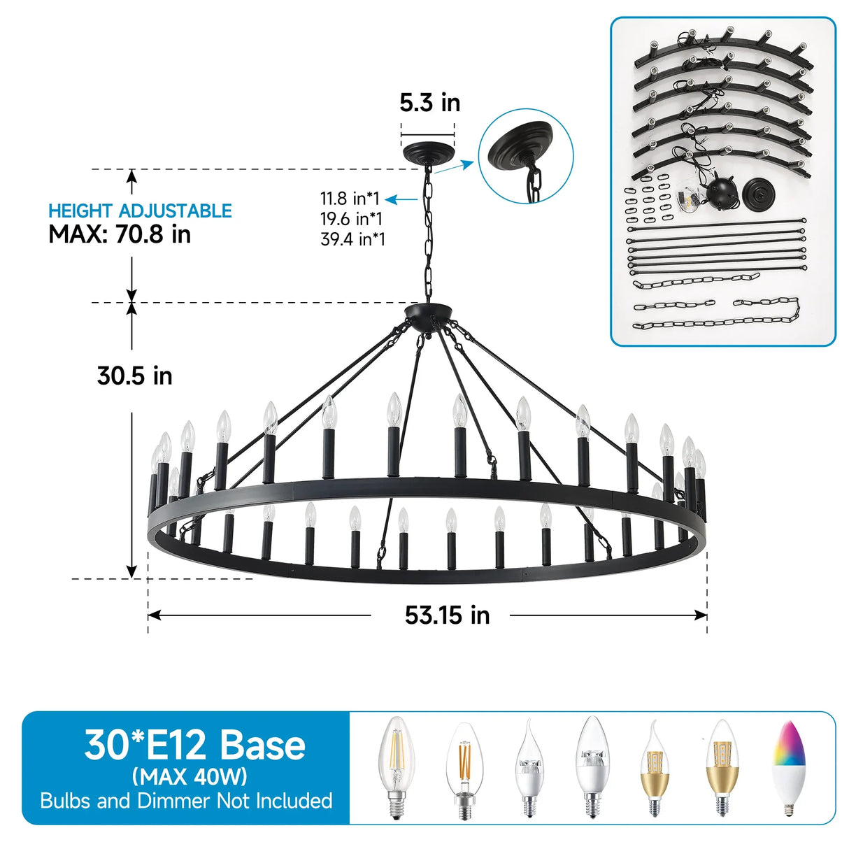 Matte Black Farmhouse Wagon Wheel Chandelier 30-Light - Omega Lifestyles