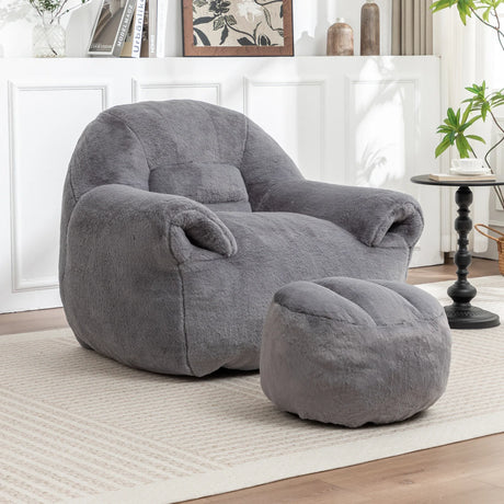 Faux Fur High-Density Foam Bean Bag Chair With Footstool - Omega Lifestyles