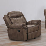 Transitional Brown Leatherette Glider Recliner With Pillow Arms - Omega Lifestyles