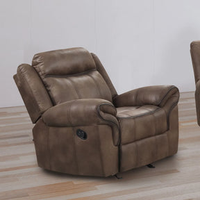 Transitional Brown Leatherette Glider Recliner With Pillow Arms - Omega Lifestyles