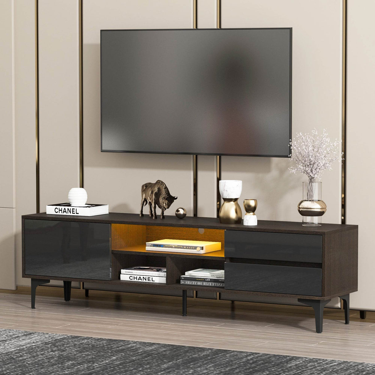 Antique Particle Board TV Stand With LED Lighting - Omega Lifestyles