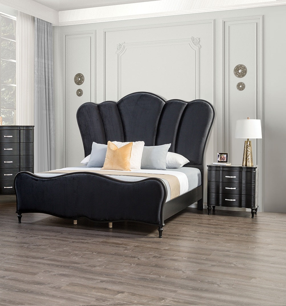 King Glam Black Fabric Wood 3-Piece Bedroom Set