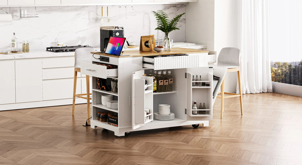 Fluted Rubber Wood Kitchen Island With Tilt-Out Trash Can - Omega Lifestyles