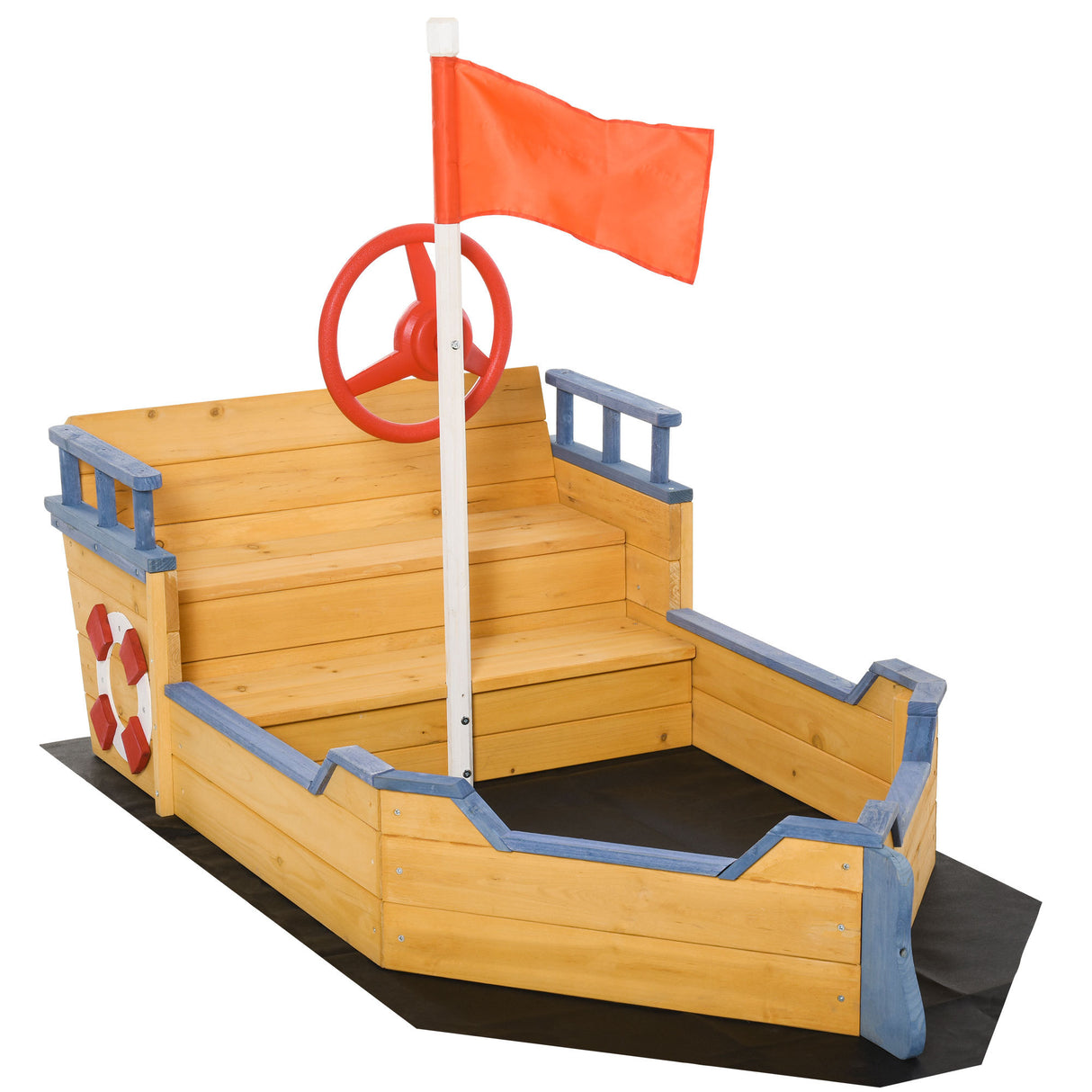 Wooden Kids Pirate Sandbox With Bench Storage Seating