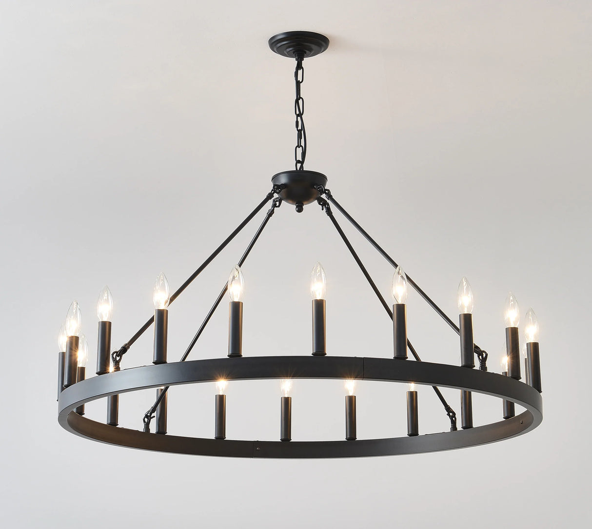 Matte Black 20-Light Farmhouse Wagon Wheel Chandelier - Omega Lifestyles
