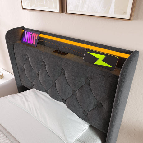 Twin Upholstered Linen Storage Bed With LED Lighting - Omega Lifestyles
