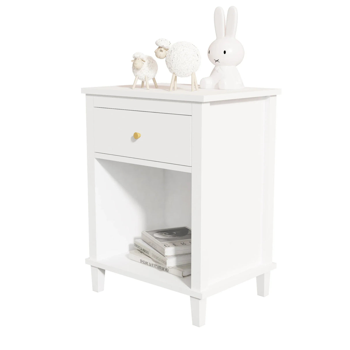 White MDF Kids Wooden Nightstand With Drawer Shelf - Omega Lifestyles