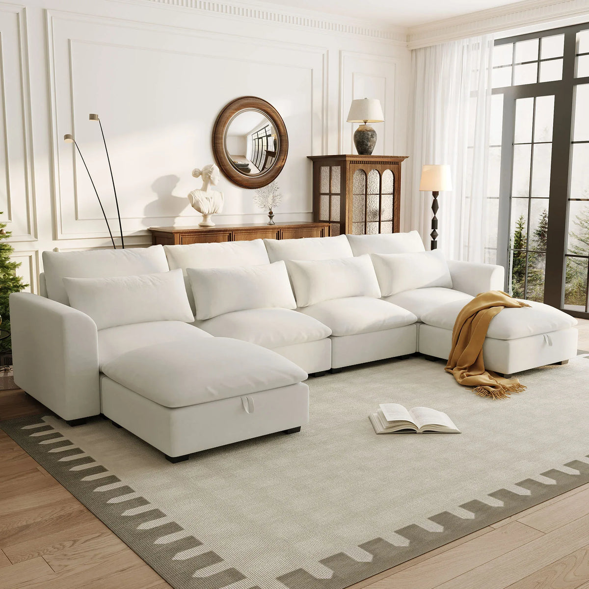 U-Shaped Modular 6-Seat Linen Blend Sofa With Ottomans - Omega Lifestyles