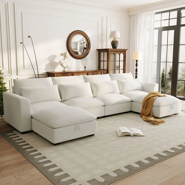 U-Shaped Modular 6-Seat Linen Blend Sofa With Ottomans - Omega Lifestyles