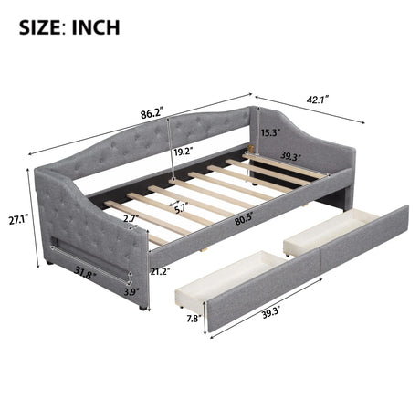 Twin XL Linen Upholstered Daybed With LED Lighting And Drawers - Omega Lifestyles