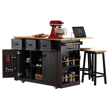 Large Kitchen Island Storage Cart With Bar Stools and Power Outlet - Omega Lifestyles