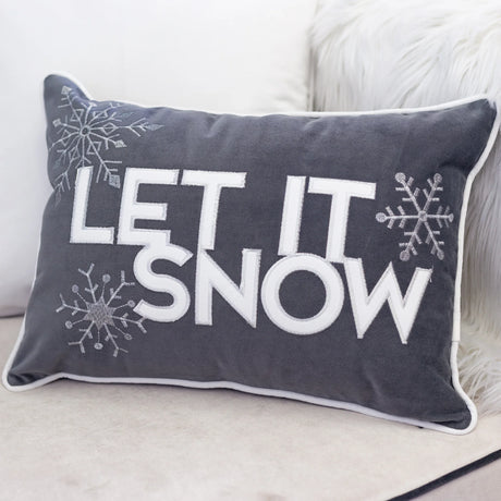 Gray Velvet Embroidered Let It Snow Lumbar Pillow 14x20 - Omega Lifestyles