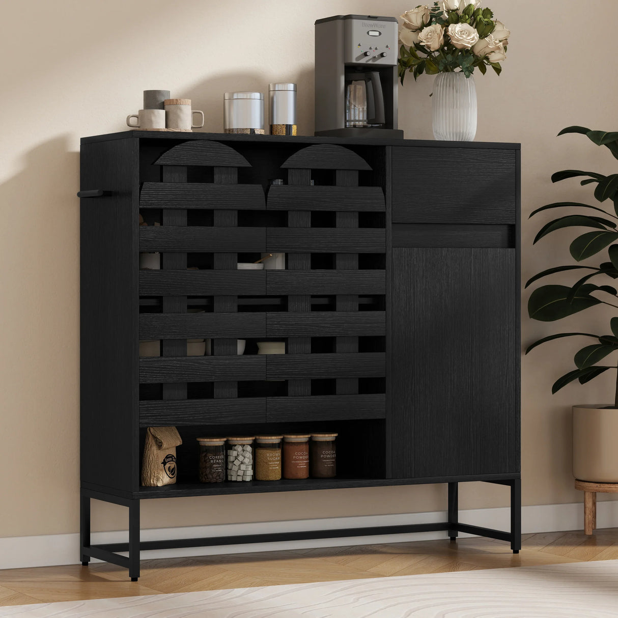 Black Woven Door Buffet Cabinet With Adjustable Storage - Omega Lifestyles