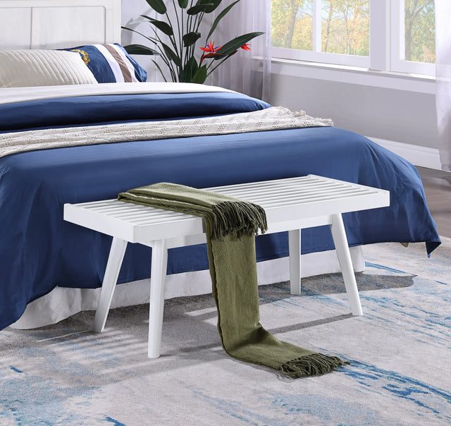 Solid Wood Slatted White Farmhouse Style Wooden Bench - Omega Lifestyles