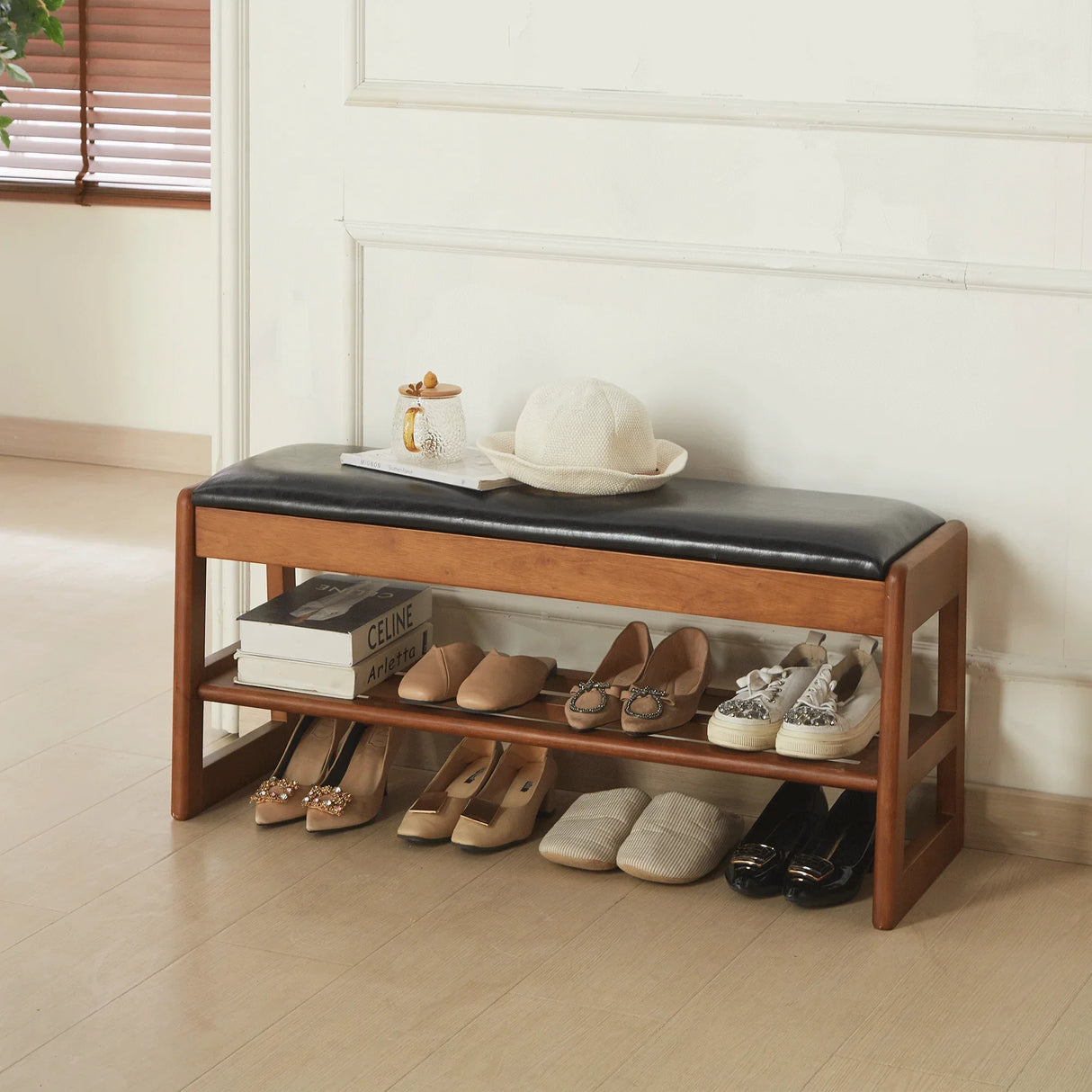 Walnut Rubber Wood Shoe Stool With Flip-Top Storage Bench - Omega Lifestyles