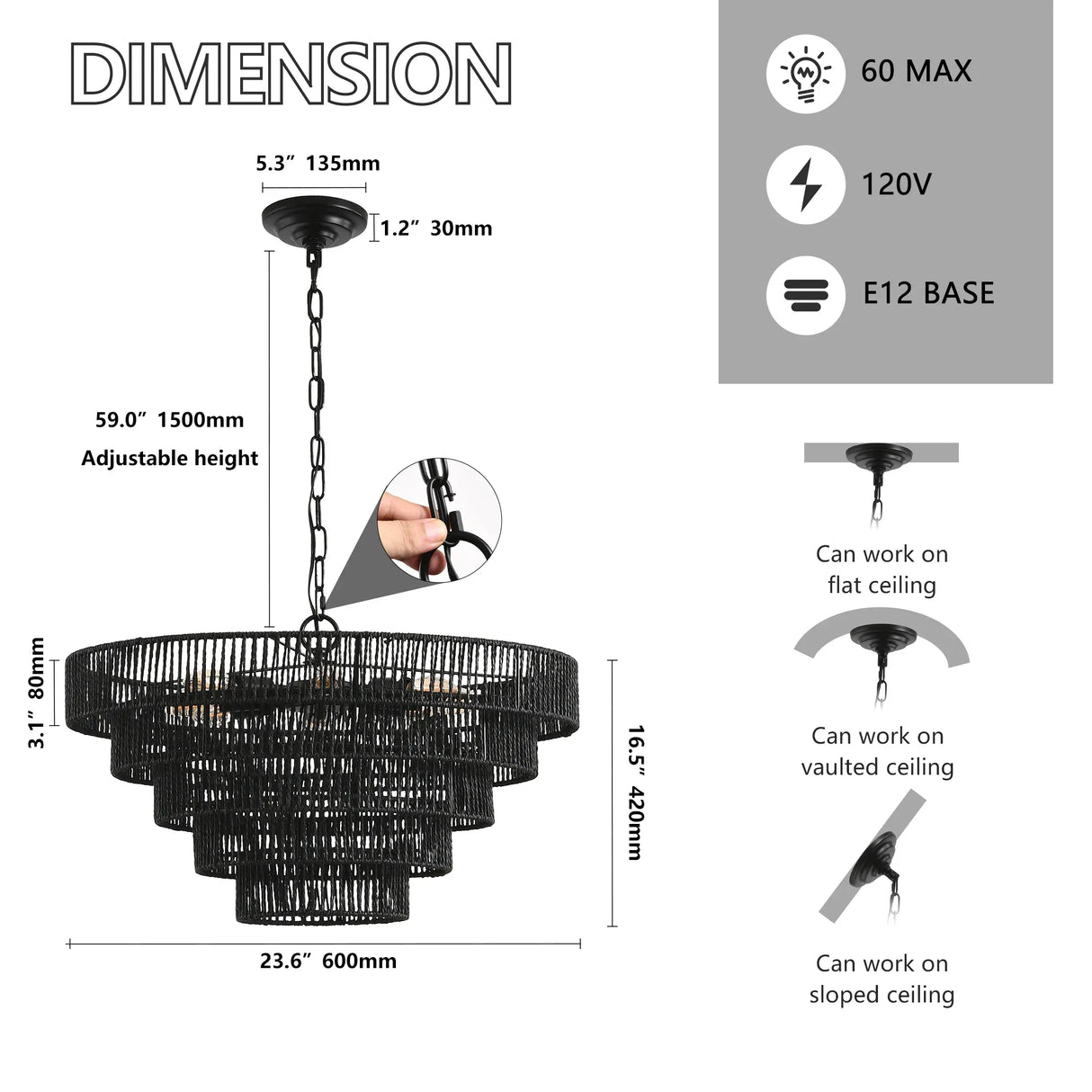 Rustic 5-Tier Black Hemp Rope Pendant Light Chandelier - Omega Lifestyles