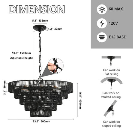 Rustic 5-Tier Black Hemp Rope Pendant Light Chandelier - Omega Lifestyles