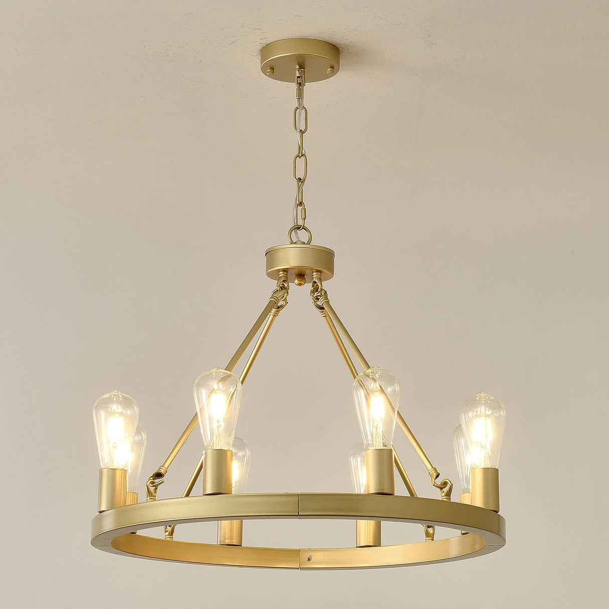 Farmhouse Wagon Wheel Gold Metal Chandelier 24-Inch - Omega Lifestyles