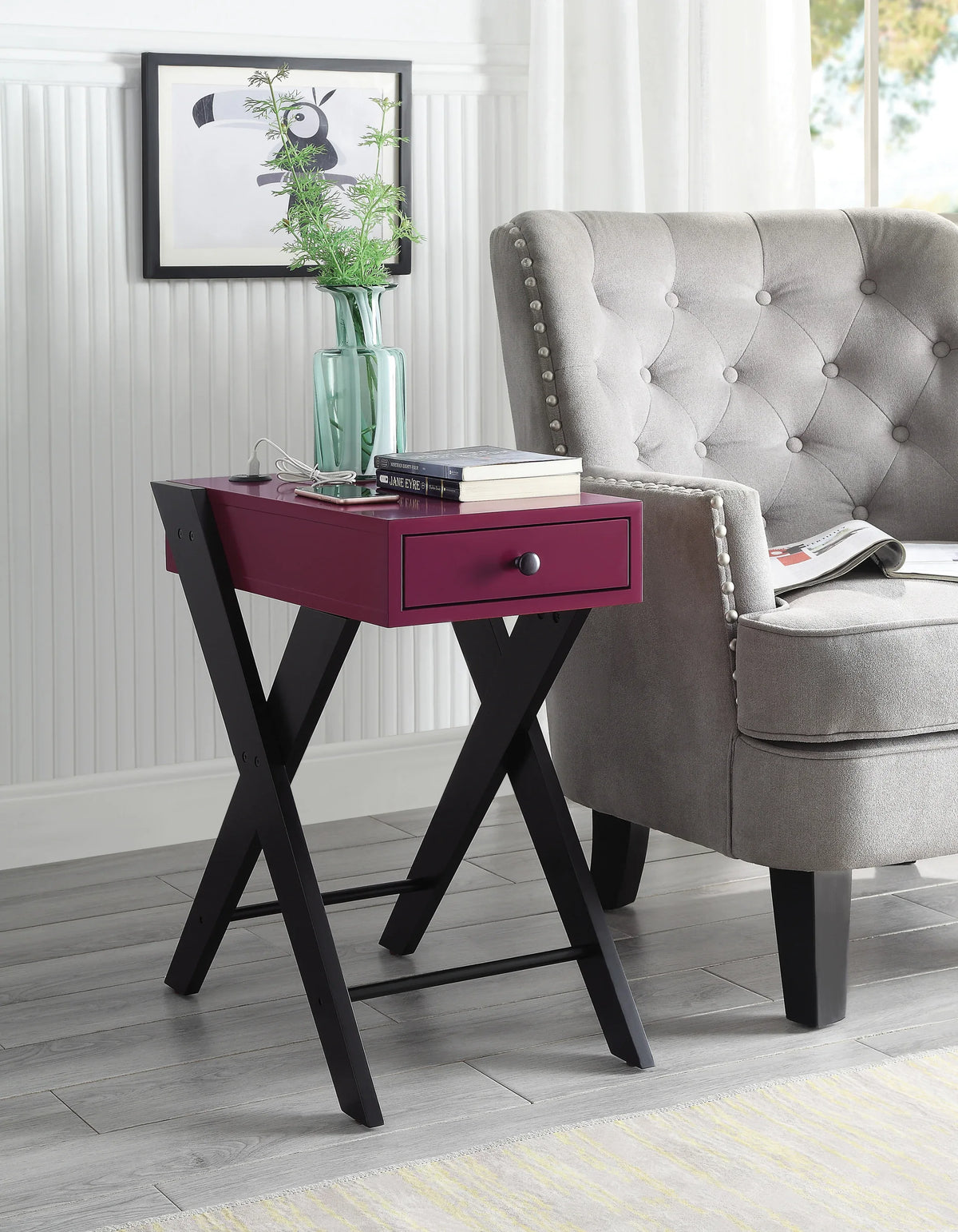 Modern Wood Accent Table With USB Port And Drawer - Omega Lifestyles