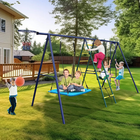 6-in-1 Steel Backyard Swing Set With Climbing Ladder - Omega Lifestyles