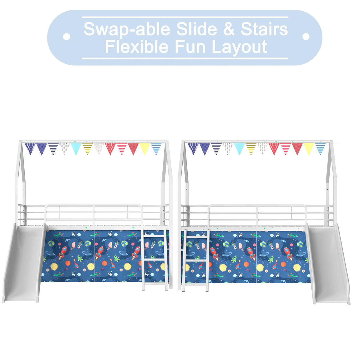 Twin Metal Junior House Loft Bed With Slide And Curtain Set - Omega Lifestyles