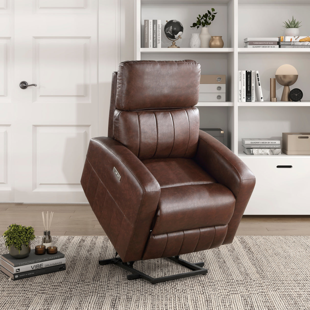 Brown Faux Leather Power Lift Recliner Chair With Motion