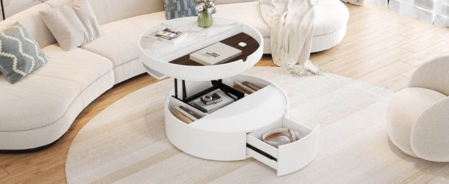 Modern White Walnut Round Lift-Top Coffee Table With Drawer - Omega Lifestyles