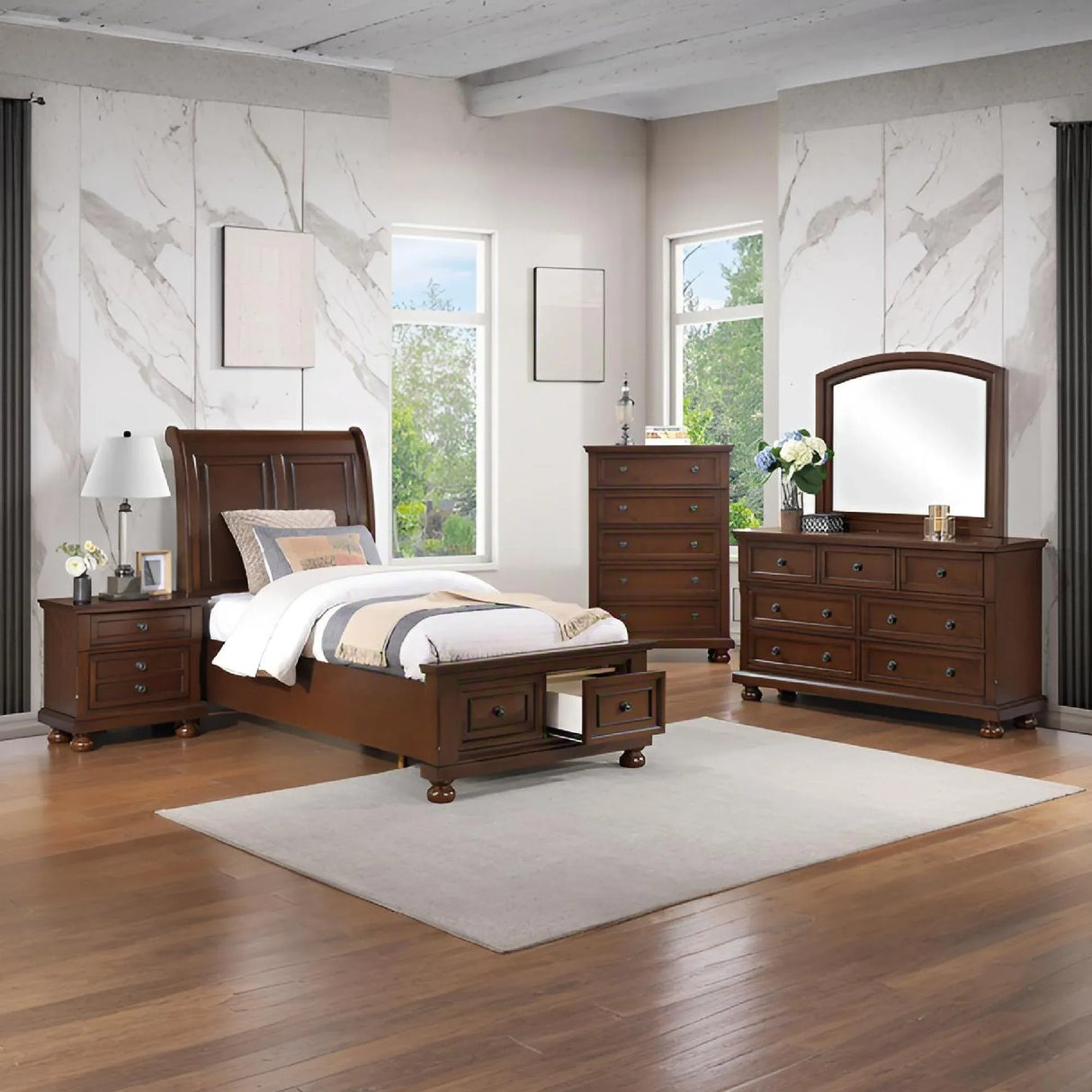 Twin Cherry Wood Platform Bed With Storage Drawers - Omega Lifestyles