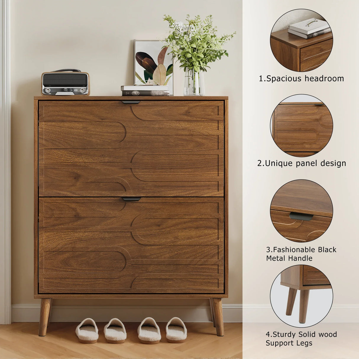 Farmhouse Walnut MDF Shoe Cabinet With Flip Drawers - Omega Lifestyles