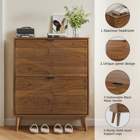Farmhouse Walnut MDF Shoe Cabinet With Flip Drawers - Omega Lifestyles