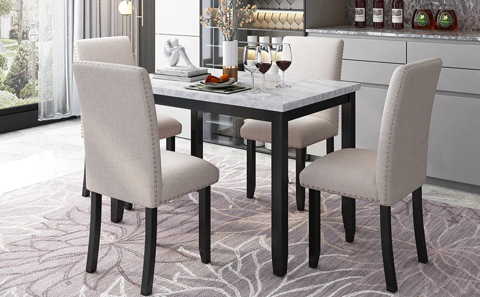 5-Piece Faux Marble Dining Table Set With Cushioned Chairs - Omega Lifestyles