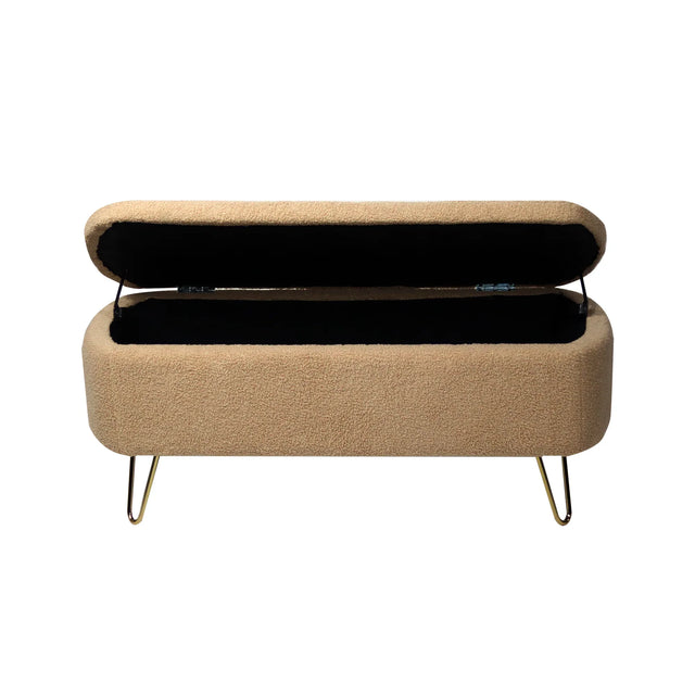Camel Faux Fur Storage Ottoman Bench With Gold Legs - Omega Lifestyles