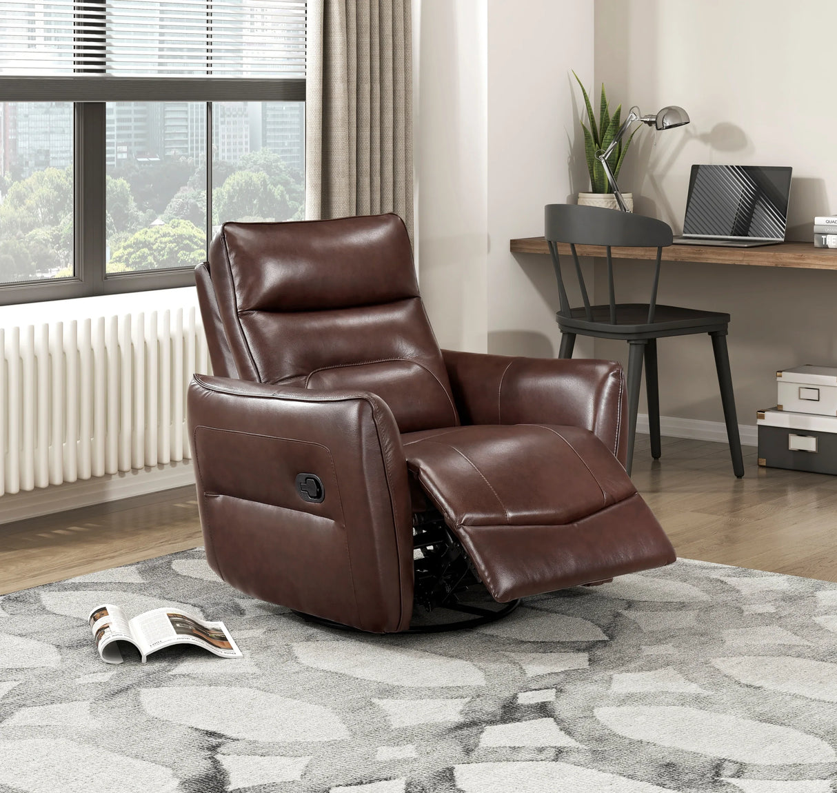 Brown Leather Swivel Recliner Chair With Wood Frame - Omega Lifestyles